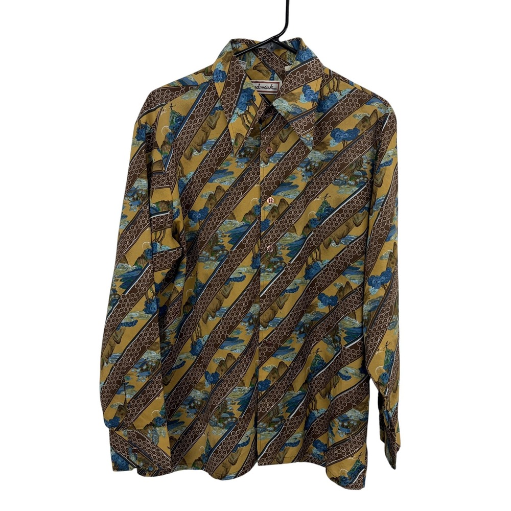 Landmark Shirt Mens Medium Mustard Yellow Brown Scenic Landscape Print Vintage *